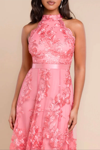 Coral Goddiva Halter Neck Lace High And Low Dress