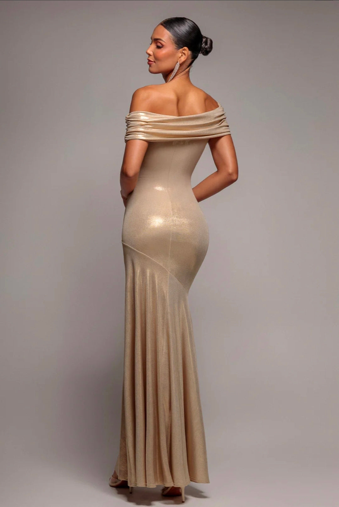 GOLD FOIL PLEATED ONE SHOULDER BARDOT FIT AND FLARE MAXI DRESS BY GODDIVA