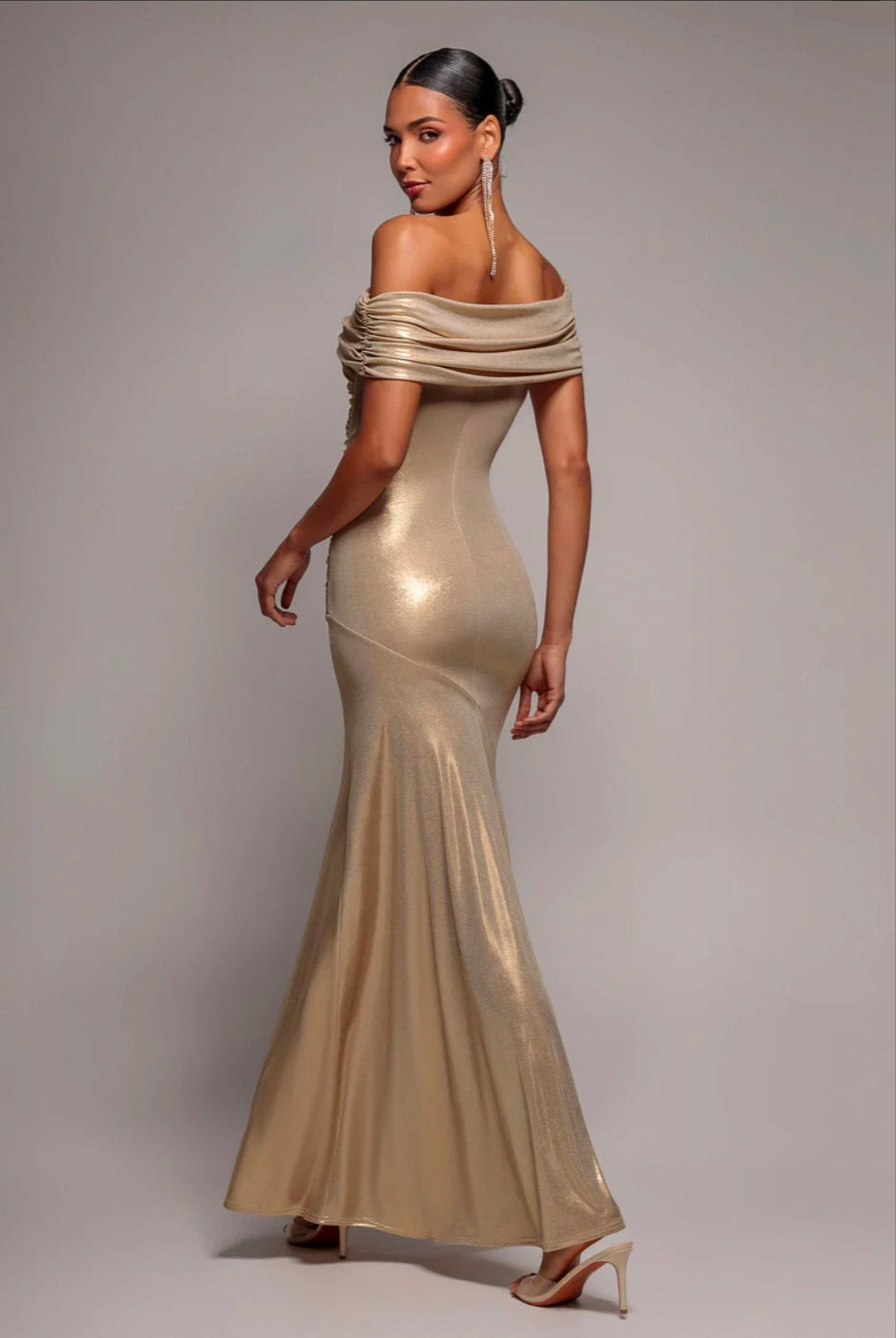 GOLD FOIL PLEATED ONE SHOULDER BARDOT FIT AND FLARE MAXI DRESS BY GODDIVA