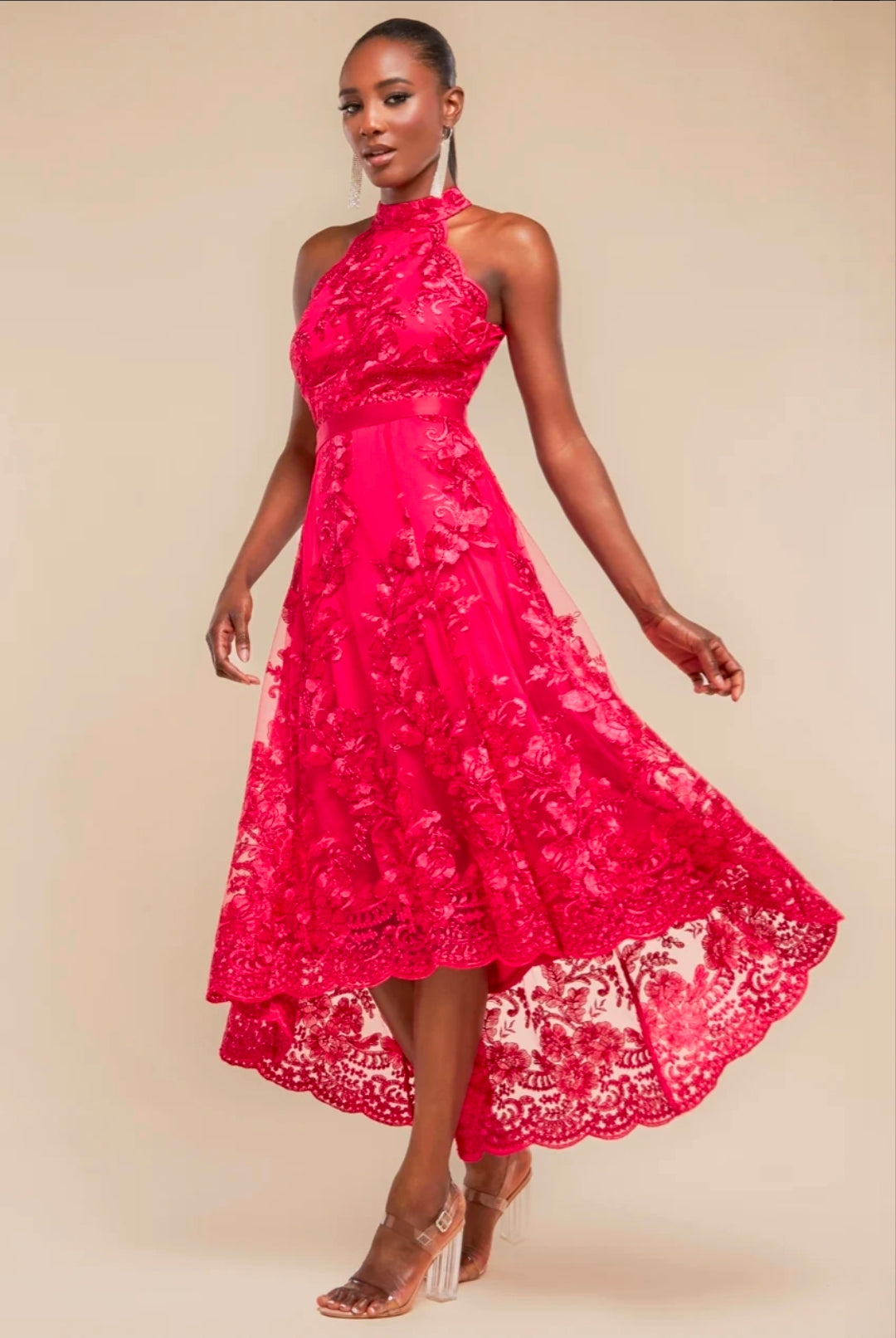 Magenta Goddiva Halter Neck Lace High And Low Dress
