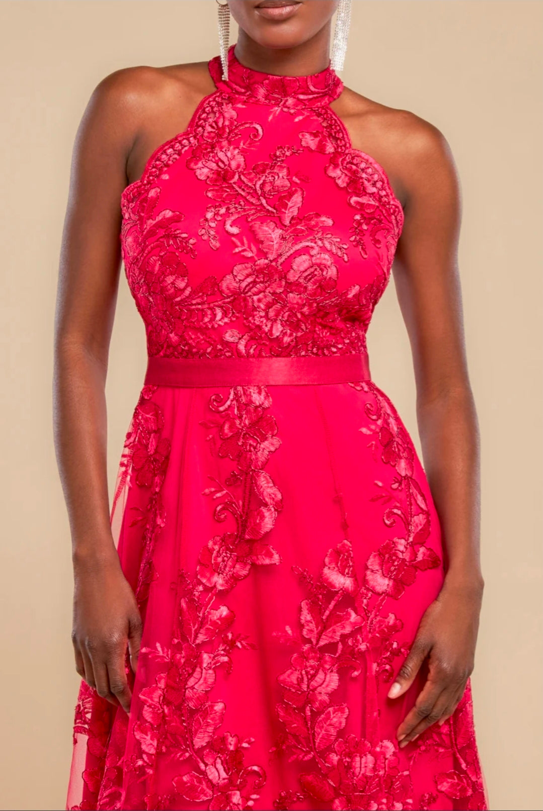 Magenta Goddiva Halter Neck Lace High And Low Dress