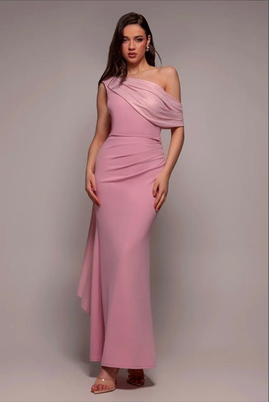 Pink Quiz LUREX PLEATED BARDOT ONE SHOULDER CAPE MAXI DRESS