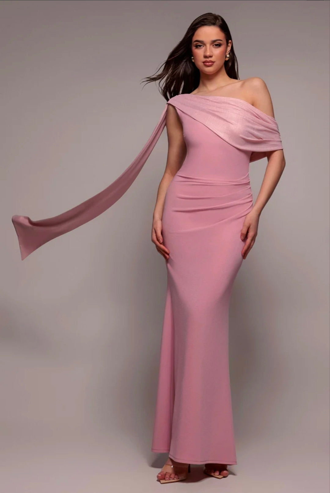 Pink Quiz LUREX PLEATED BARDOT ONE SHOULDER CAPE MAXI DRESS