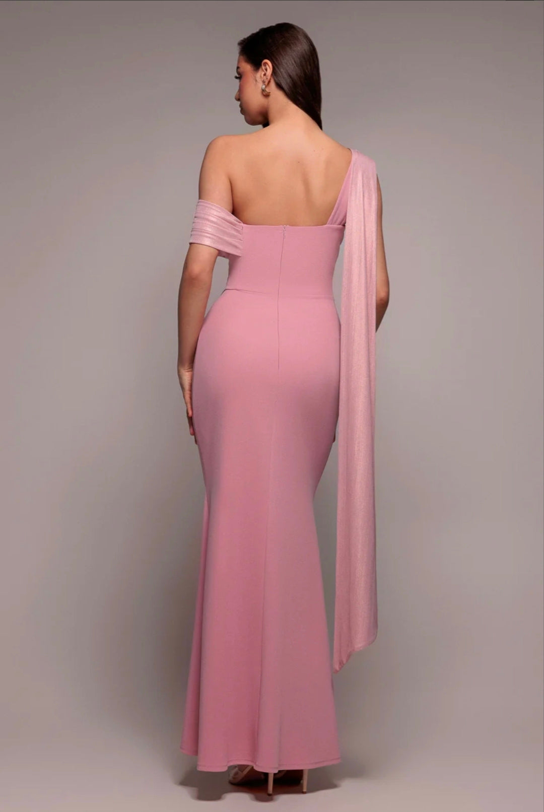 Pink Quiz LUREX PLEATED BARDOT ONE SHOULDER CAPE MAXI DRESS
