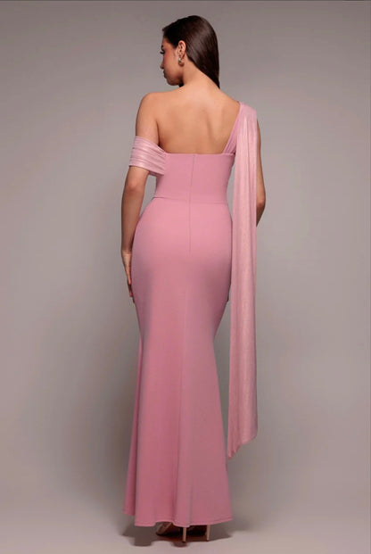 Pink Quiz LUREX PLEATED BARDOT ONE SHOULDER CAPE MAXI DRESS