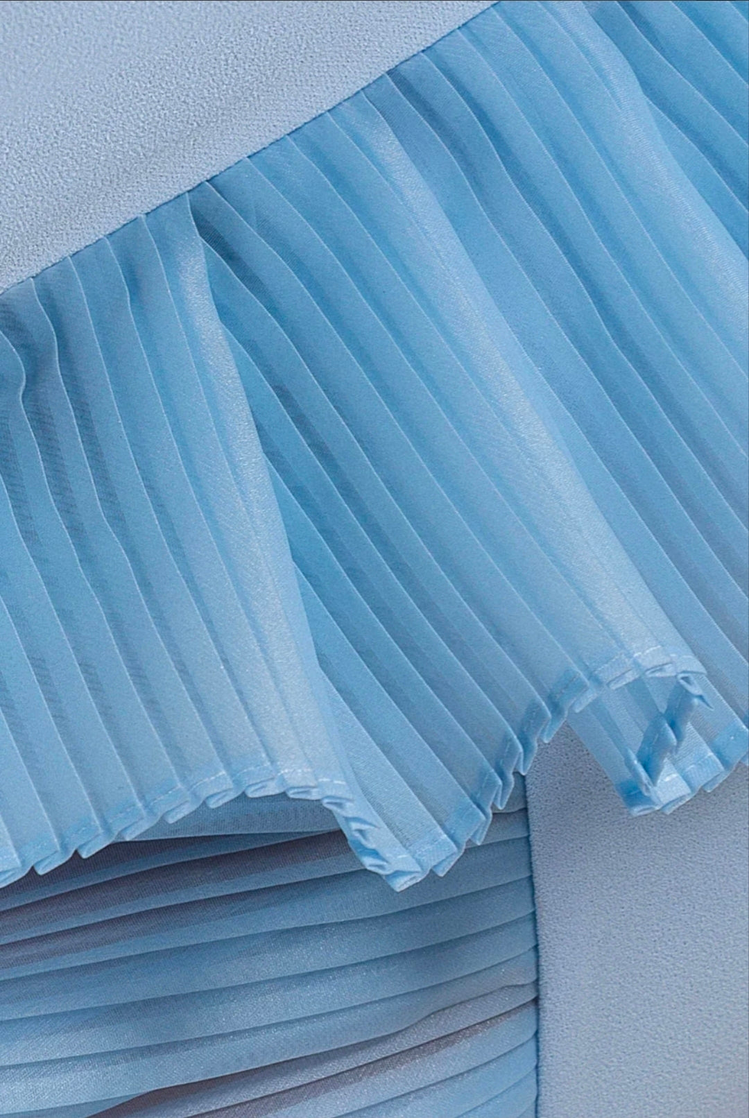 ONE SHOULDER POWDER BLUE PLEATED FAN MIDI DRESS BY GODDIVA