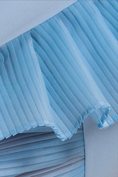 ONE SHOULDER POWDER BLUE PLEATED FAN MIDI DRESS BY GODDIVA