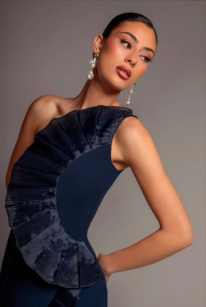 ONE SHOULDER POWDER BLUE PLEATED FAN MIDI DRESS BY GODDIVA