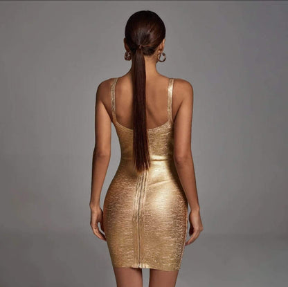 Gold Metallic Spaghetti-Strap Cocktail Dress