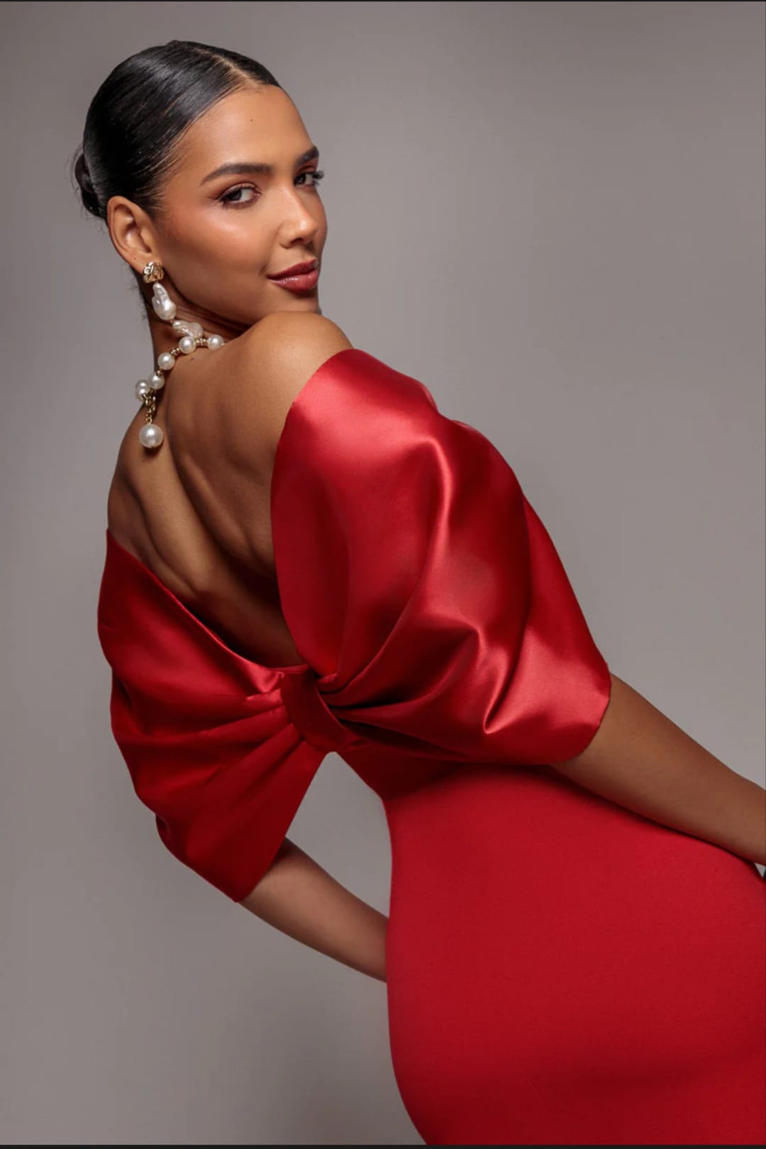 Goddiva Off Shoulder Back Satin Bow Scuba Midi Dress