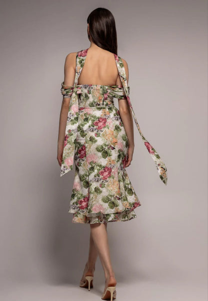 Goddiva Cowl Neck Floral Print Jacquard Chiffon Tiered Midi Dress