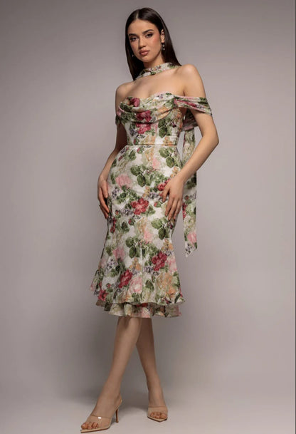 Goddiva Cowl Neck Floral Print Jacquard Chiffon Tiered Midi Dress