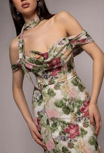 Goddiva Cowl Neck Floral Print Jacquard Chiffon Tiered Midi Dress