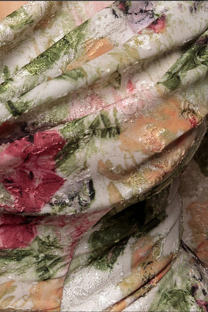 Goddiva Cowl Neck Floral Print Jacquard Chiffon Tiered Midi Dress