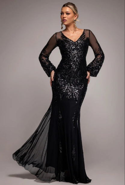 Goddiva Embellished Sequin Bishop Sleeve Maxi Dress