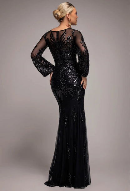 Goddiva Embellished Sequin Bishop Sleeve Maxi Dress