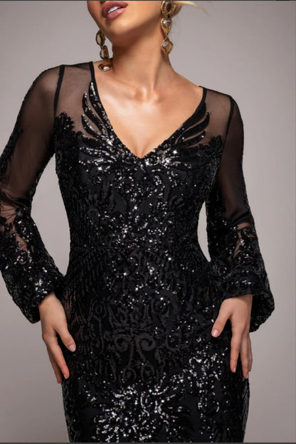 Goddiva Embellished Sequin Bishop Sleeve Maxi Dress