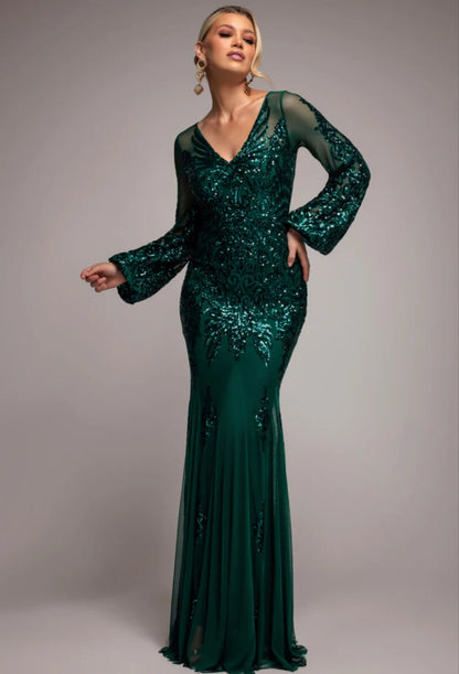 Goddiva Embellished Sequin Bishop Sleeve Maxi Dress