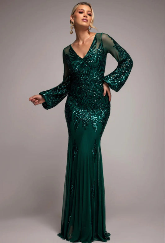Goddiva Embellished Sequin Bishop Sleeve Maxi Dress
