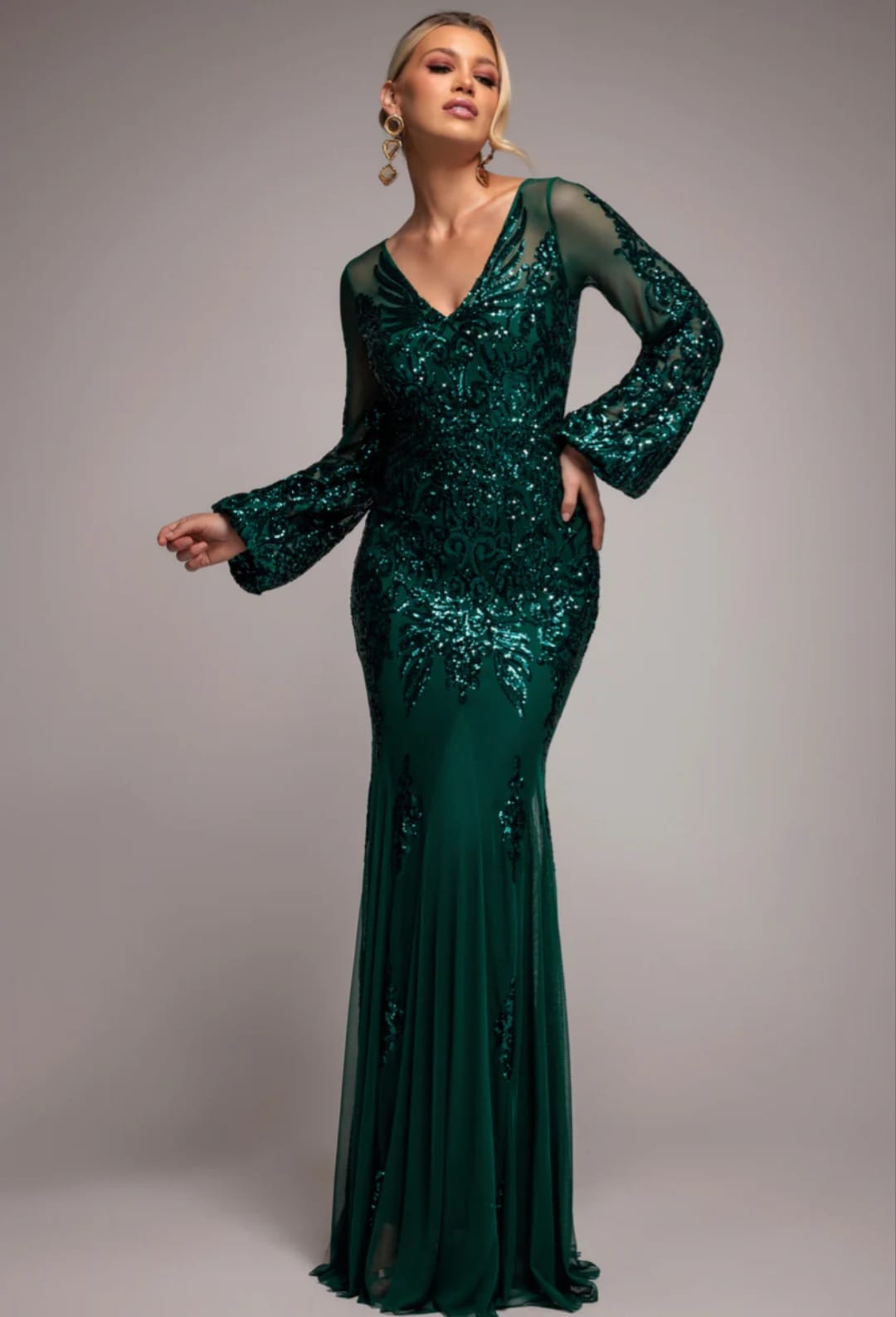 Goddiva Embellished Sequin Bishop Sleeve Maxi Dress