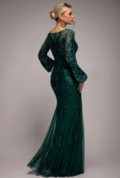 Goddiva Embellished Sequin Bishop Sleeve Maxi Dress