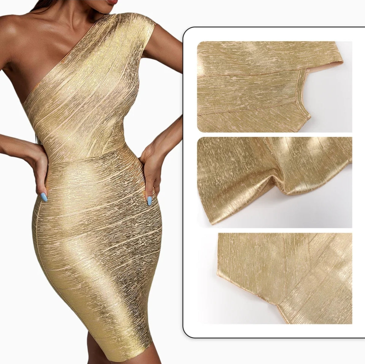 Gold one shoulder bodycon bandage dress