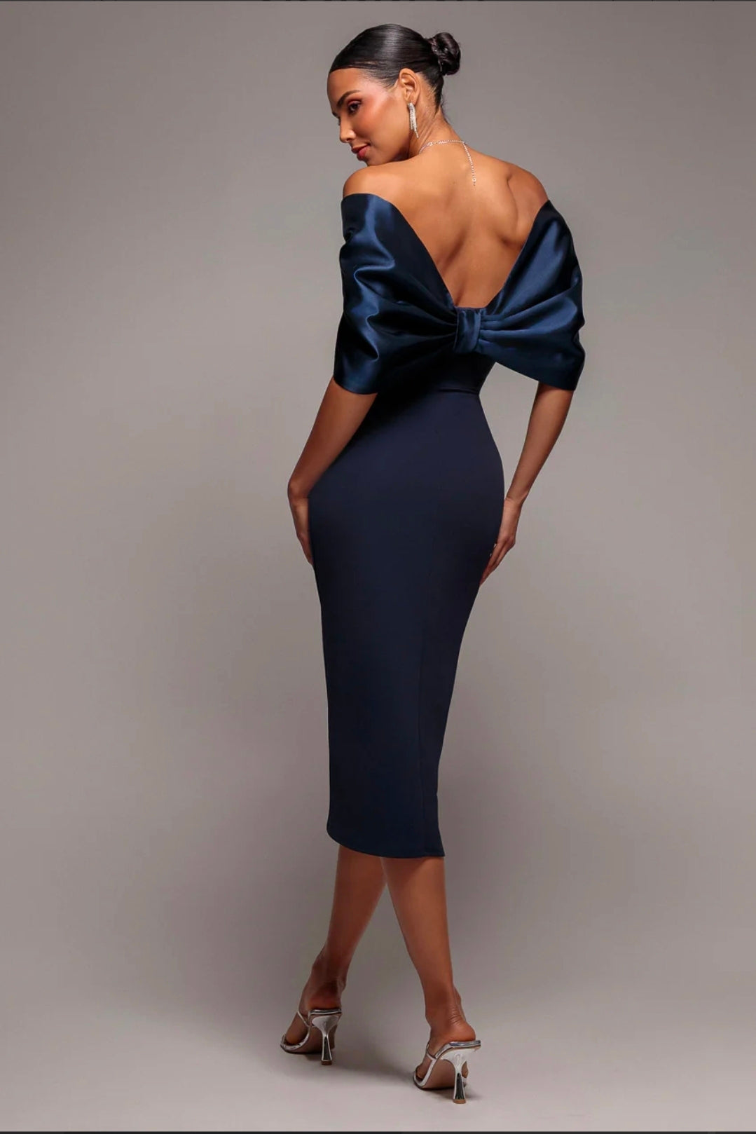 Goddiva Off Shoulder Back Satin Bow Scuba Midi Dress