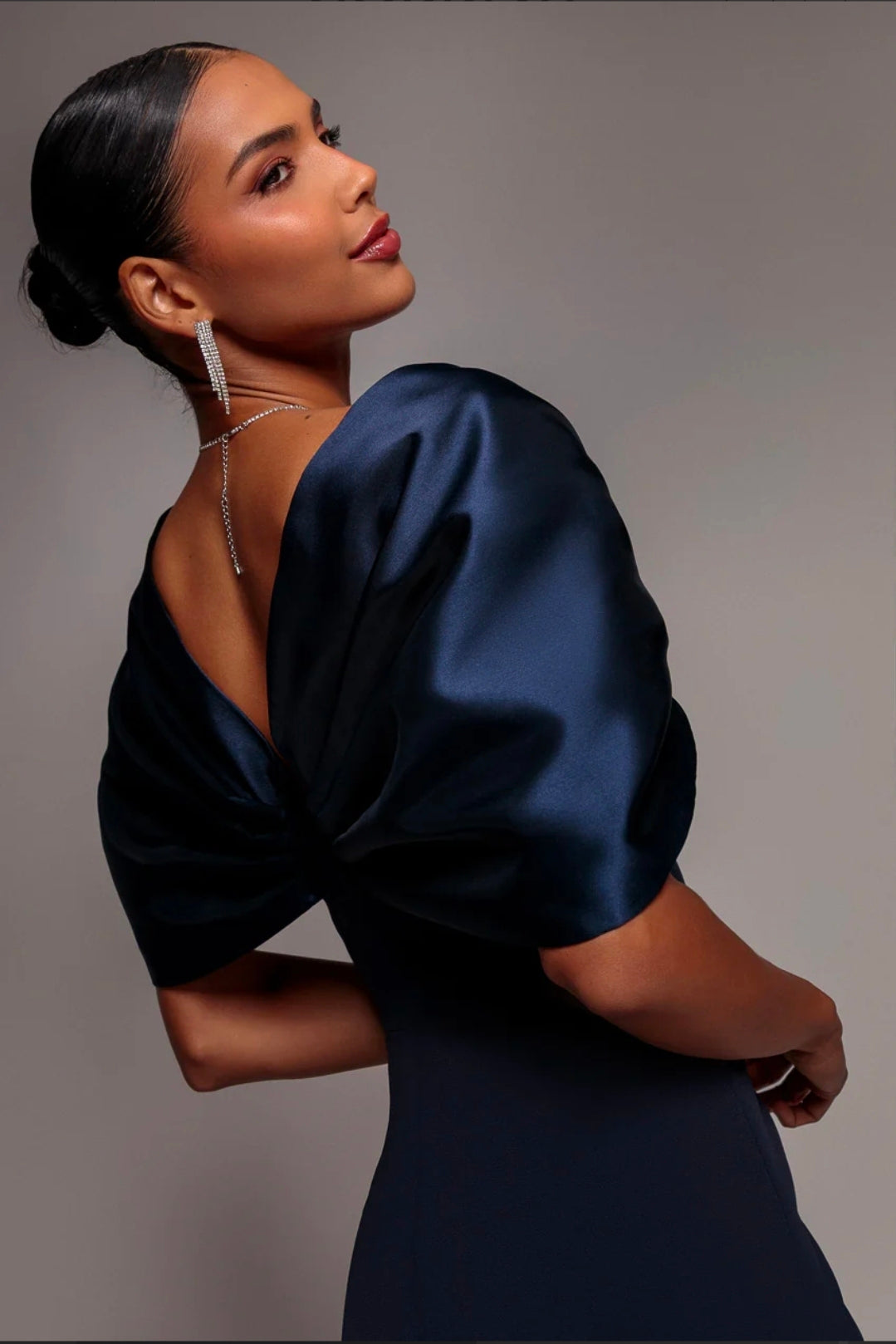 Goddiva Off Shoulder Back Satin Bow Scuba Midi Dress