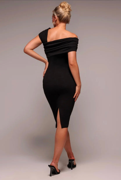 Goddiva Scuba Crepe Pleated Drop Shoulder Midi Dress