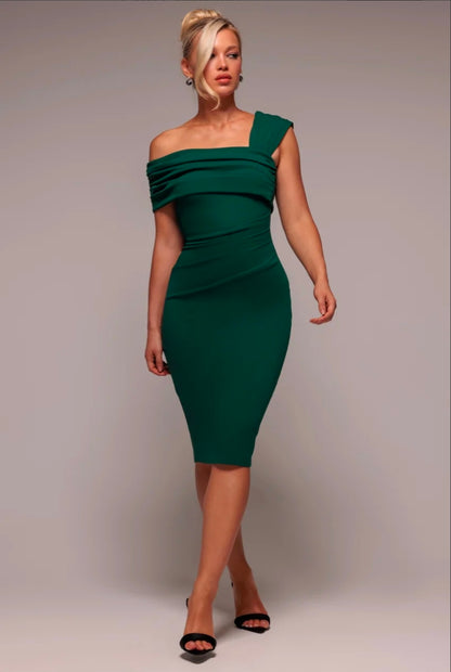 Goddiva Scuba Crepe Pleated Drop Shoulder Midi Dress