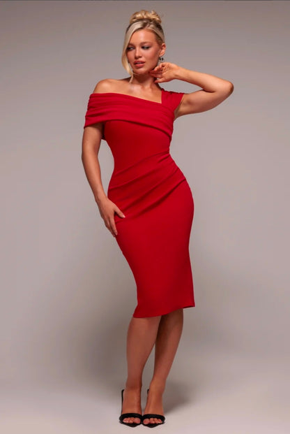 Goddiva Scuba Crepe Pleated Drop Shoulder Midi Dress