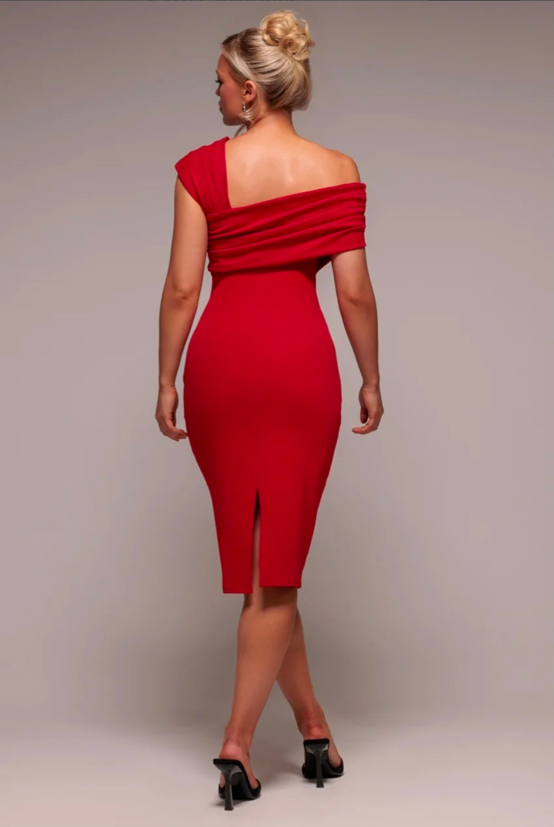 Goddiva Scuba Crepe Pleated Drop Shoulder Midi Dress