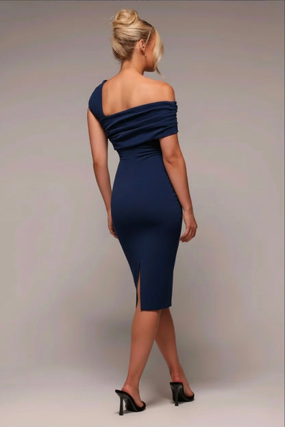 Goddiva Scuba Crepe Pleated Drop Shoulder Midi Dress