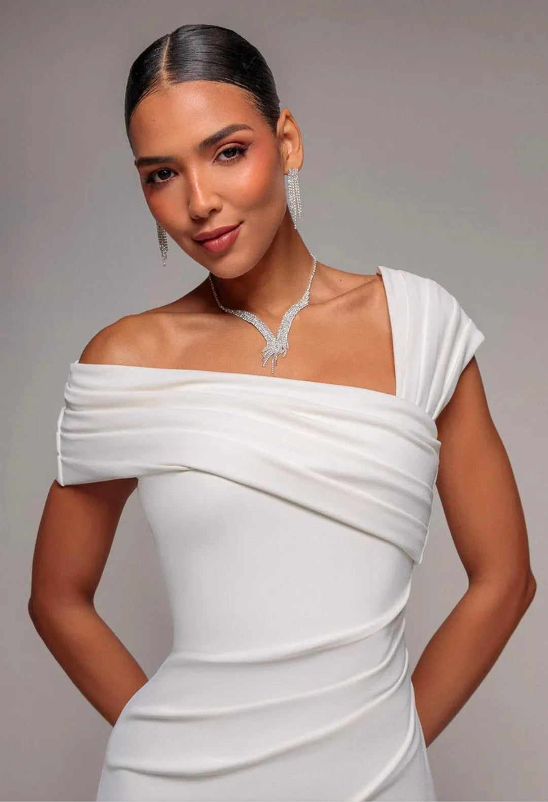 Goddiva Scuba Crepe Pleated Drop Shoulder Midi Dress