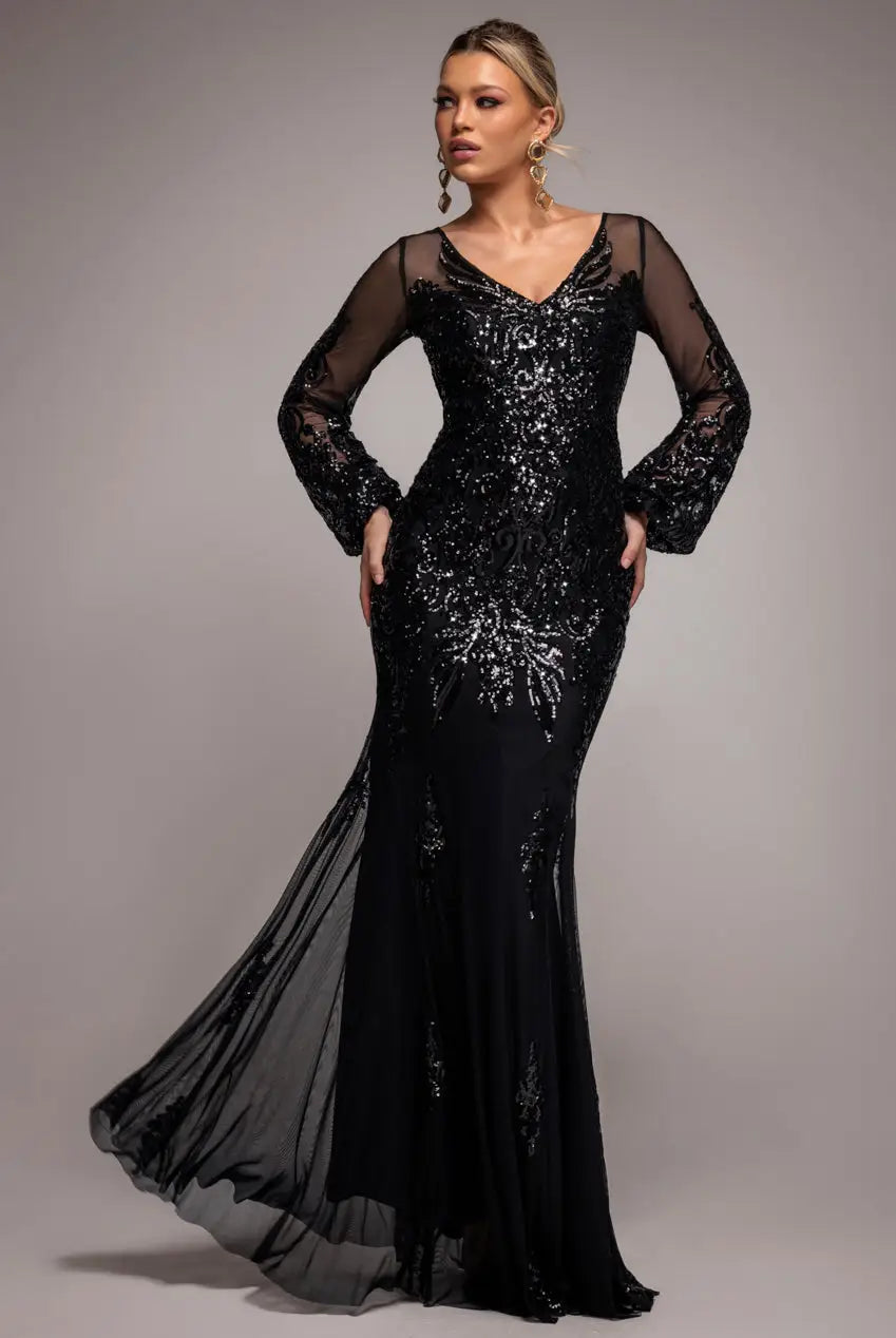 Goddiva Embellished Sequin Bishop Sleeve Maxi Dress