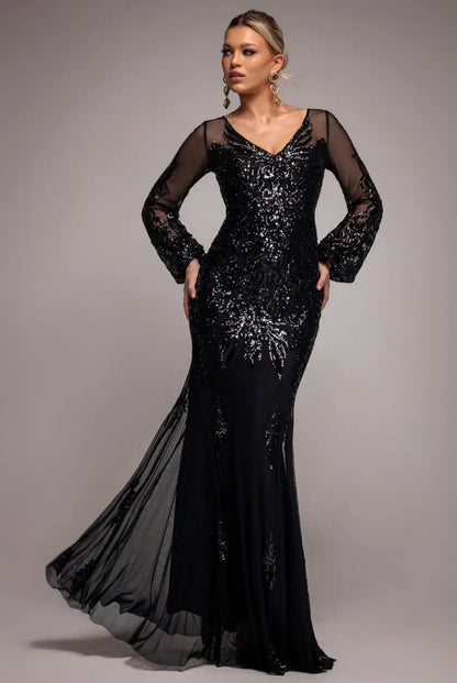 Goddiva Embellished Sequin Bishop Sleeve Maxi Dress