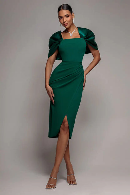 Black Goddiva Off Shoulder Back Satin Bow Scuba Midi Dress