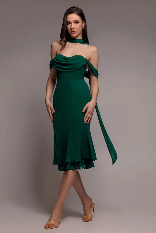 Goddiva Chiffon Cowl Off Shoulder Wing Tiered Midi Dress