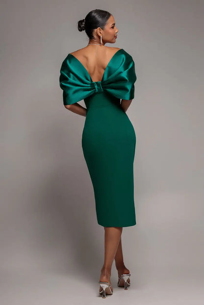 Black Goddiva Off Shoulder Back Satin Bow Scuba Midi Dress