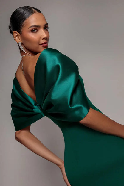 Black Goddiva Off Shoulder Back Satin Bow Scuba Midi Dress
