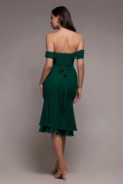 Goddiva Chiffon Cowl Off Shoulder Wing Tiered Midi Dress