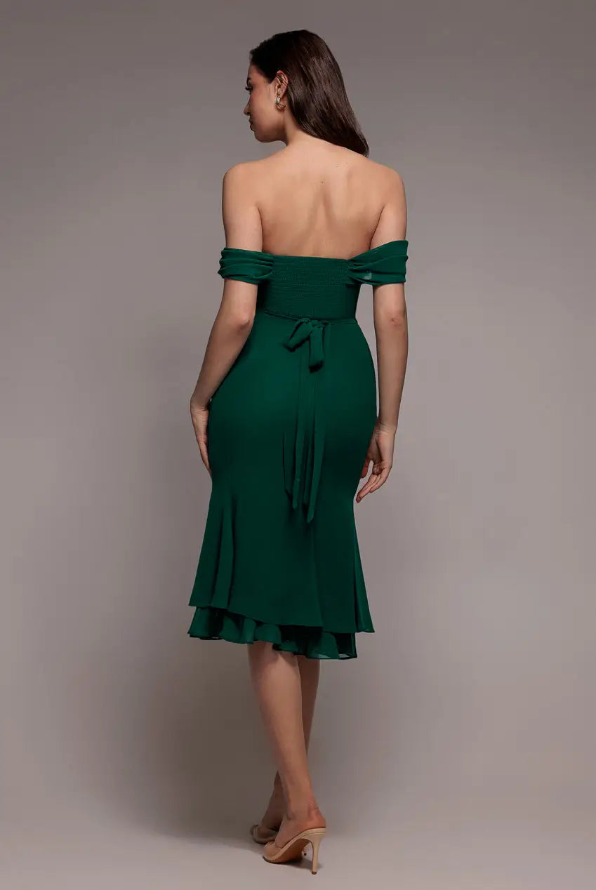 Goddiva Chiffon Cowl Off Shoulder Wing Tiered Midi Dress