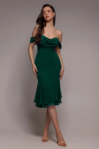 Goddiva Chiffon Cowl Off Shoulder Wing Tiered Midi Dress