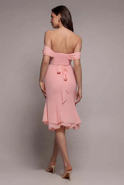Goddiva Chiffon Cowl Off Shoulder Wing Tiered Midi Dress