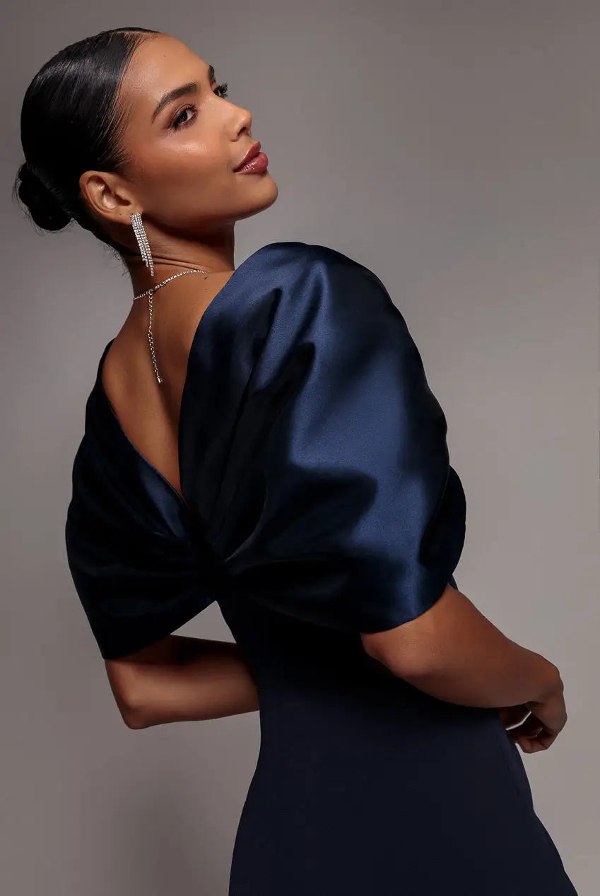 Black Goddiva Off Shoulder Back Satin Bow Scuba Midi Dress