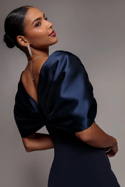 Black Goddiva Off Shoulder Back Satin Bow Scuba Midi Dress