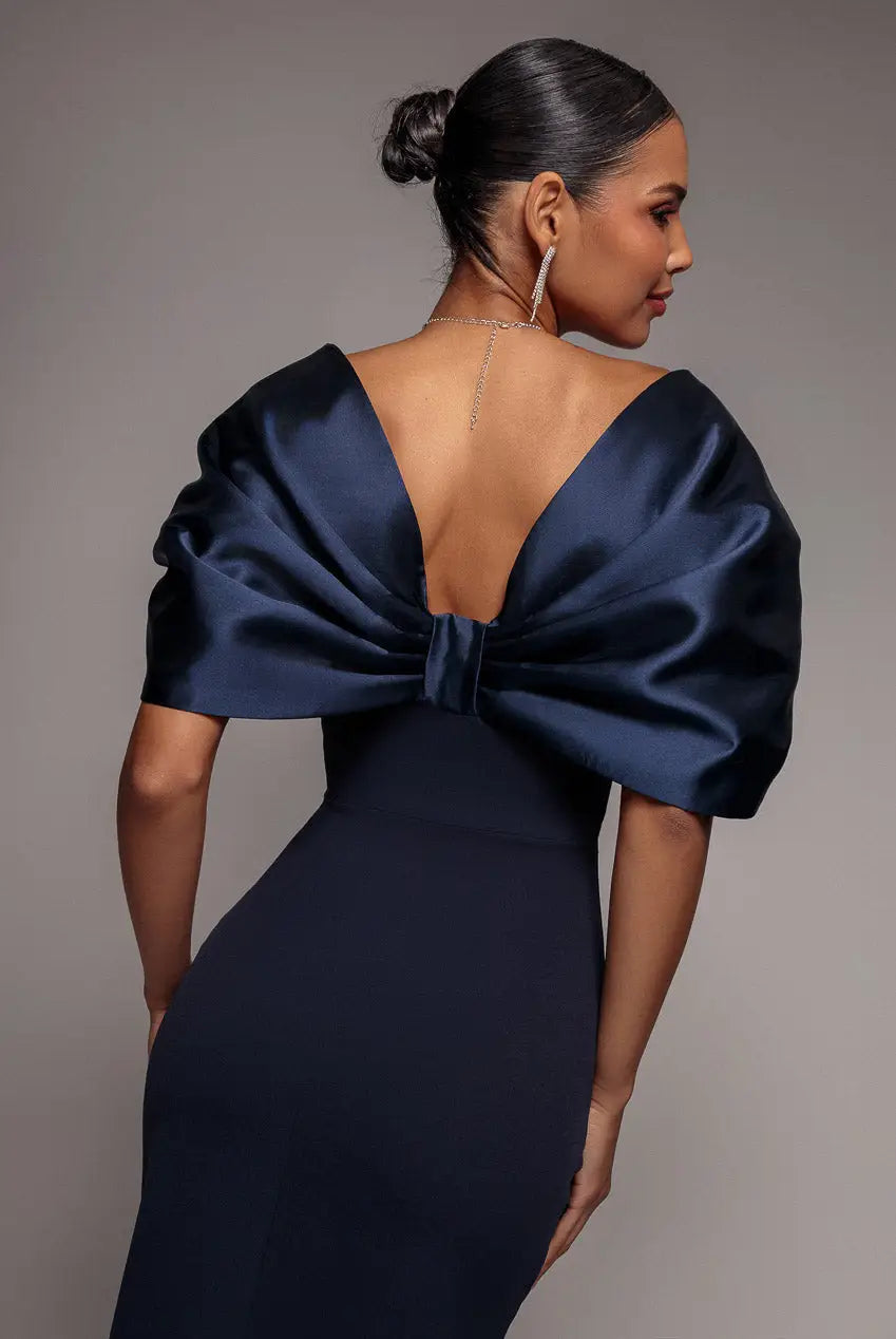Black Goddiva Off Shoulder Back Satin Bow Scuba Midi Dress