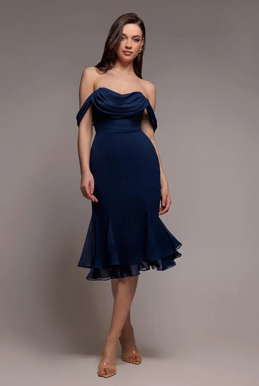 Goddiva Chiffon Cowl Off Shoulder Wing Tiered Midi Dress