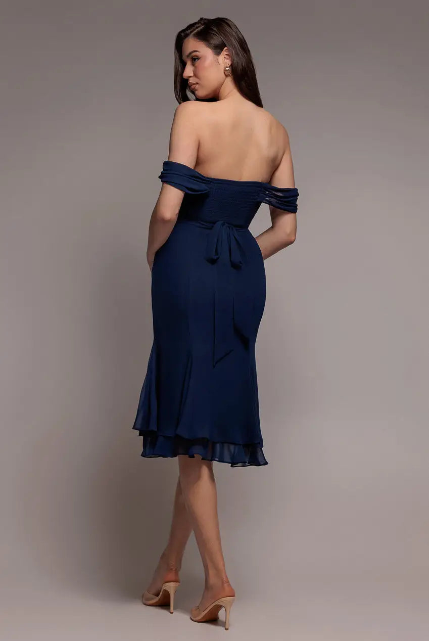 Goddiva Chiffon Cowl Off Shoulder Wing Tiered Midi Dress