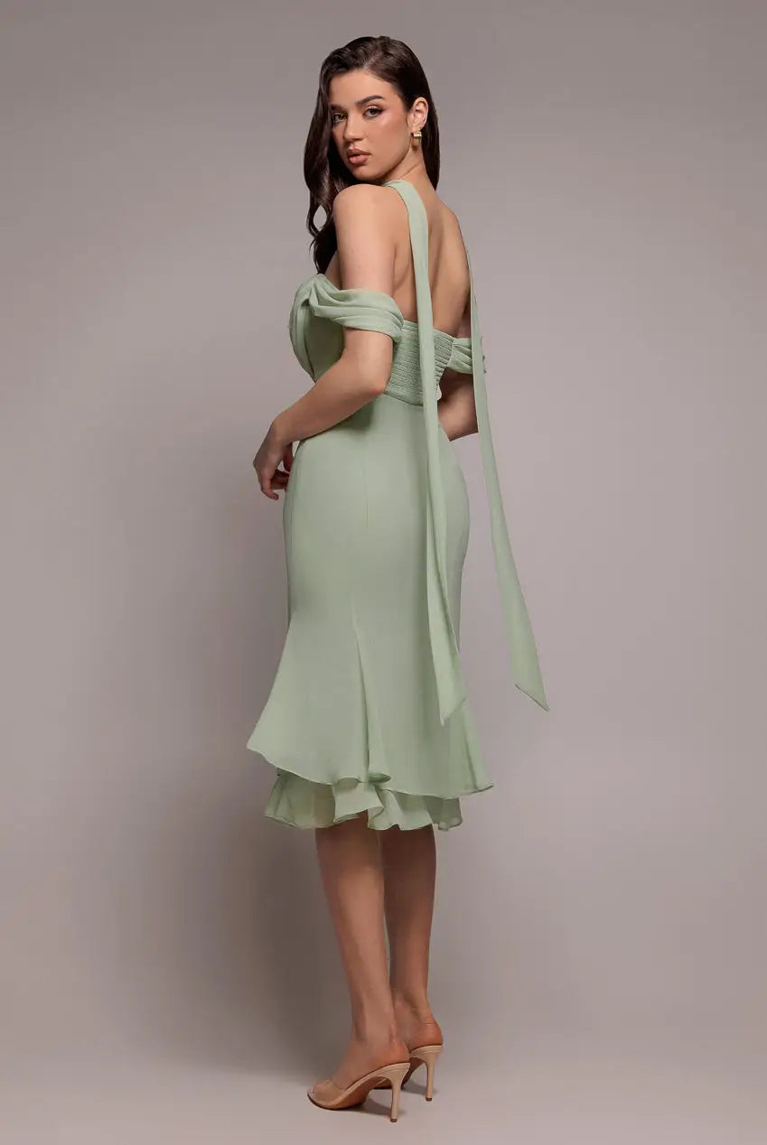 Goddiva Chiffon Cowl Off Shoulder Wing Tiered Midi Dress